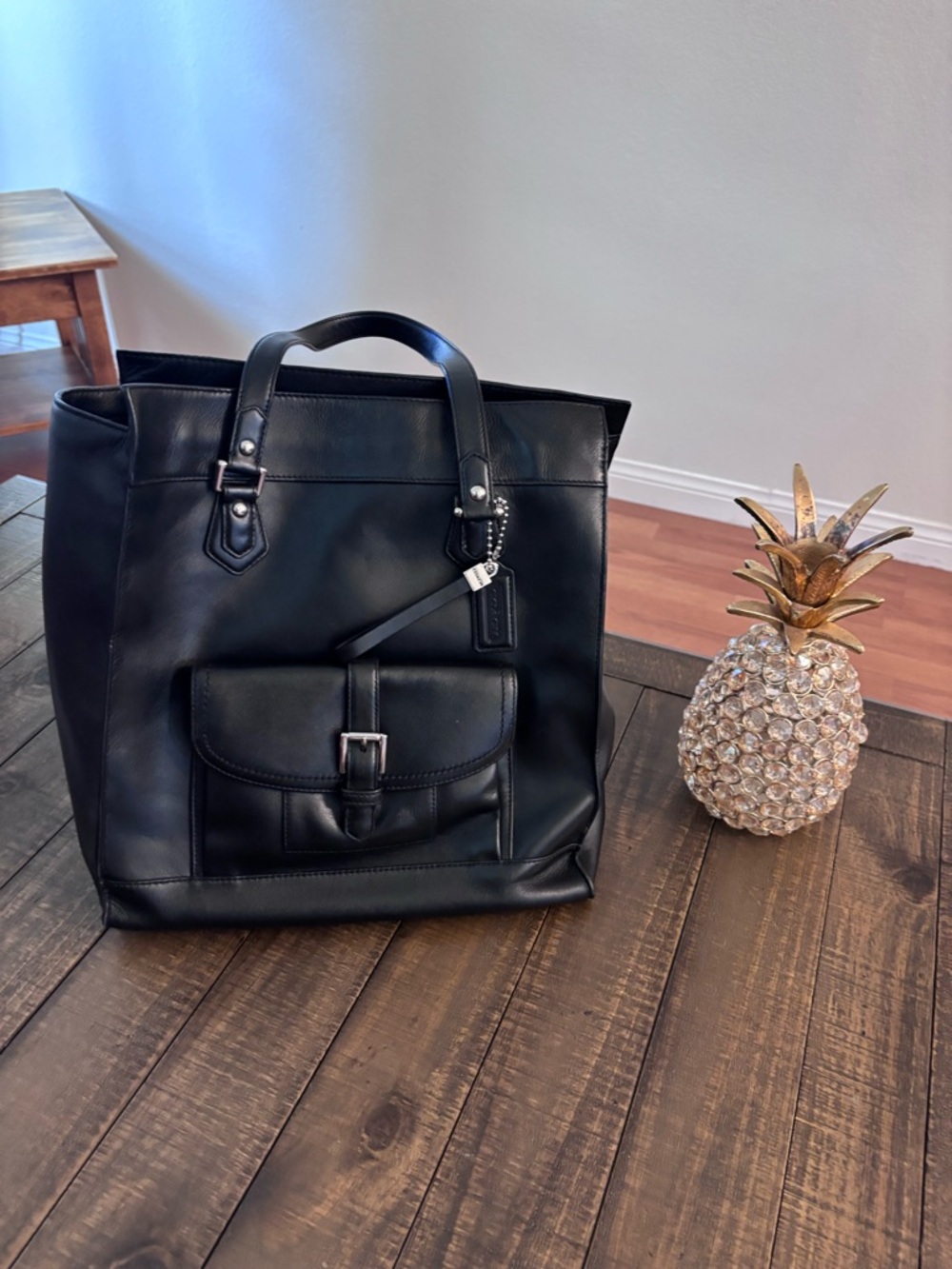 Black Leather Tote Bag with Front Pocket